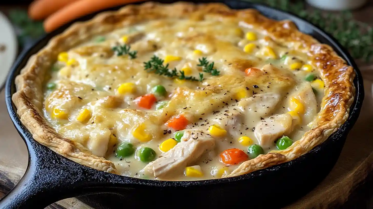 Chicken pot pie topped with golden crescent rolls