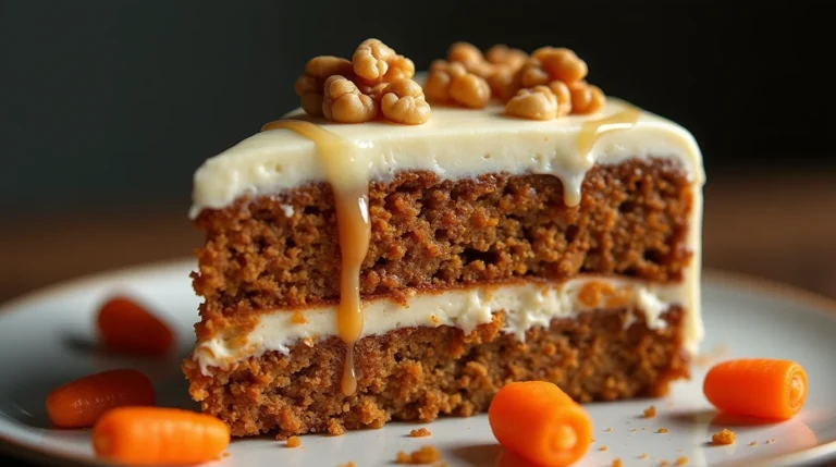 A close-up of a sliced carrot cake showing its moist layers and cream cheese frosting on a wooden serving board