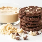 Close-up view of freshly baked protein cookies on a rustic wooden board.