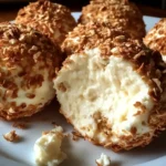 A close-up of a sliced cheesecake ball, showing its creamy, smooth interior with chocolate chips inside.
