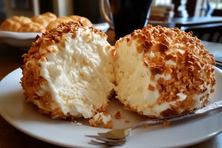 A delicious, creamy cheesecake ball recipe coated with crushed graham crackers and served on a platter