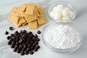 Ingredients for a cheesecake ball recipe, including cream cheese, powdered sugar, vanilla extract, chocolate chips, and graham crackers.