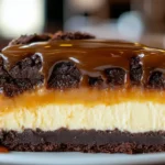 A beautifully plated slice of Caramel Brownie Cheesecake on a white plate.
