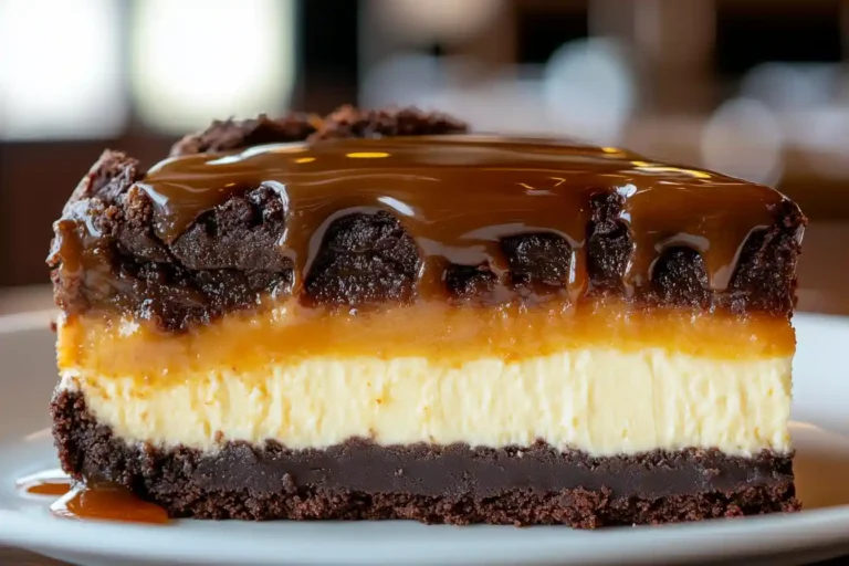 A beautifully plated slice of Caramel Brownie Cheesecake on a white plate.
