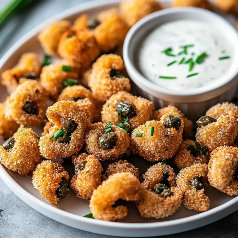 crispy fried mushrooms, served with dipping sauce and garnished with herbs.