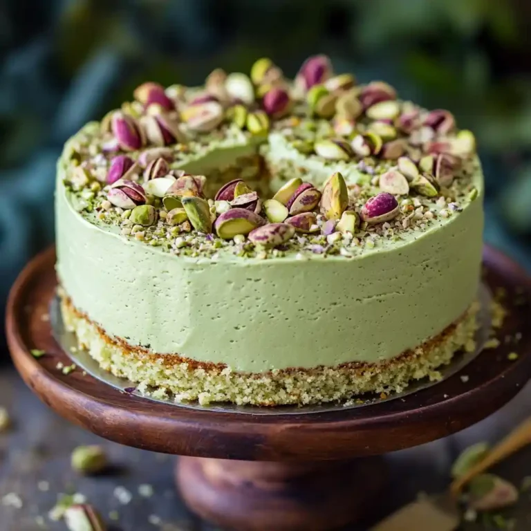 A beautifully frosted pistachio cake with crushed pistachios on top.