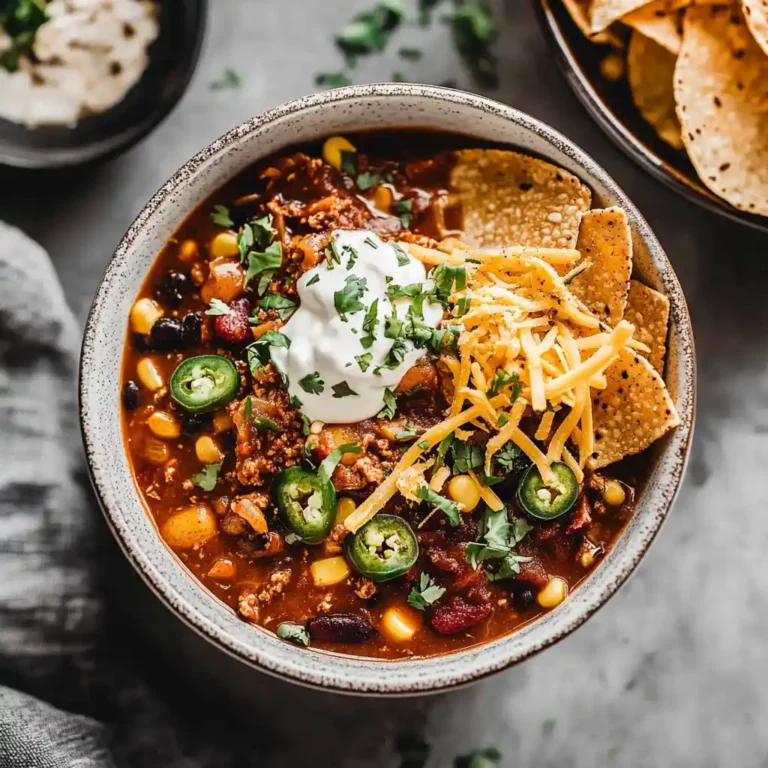 A beautifully presented bowl of Taco Soup garnished with cheese, sour cream, cilantro, avocado, and tortilla chips, placed on a white marble surface.