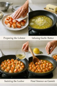 Chef preparing step by step Lobster Bites in Aromatic Garlic Butter Sauce
