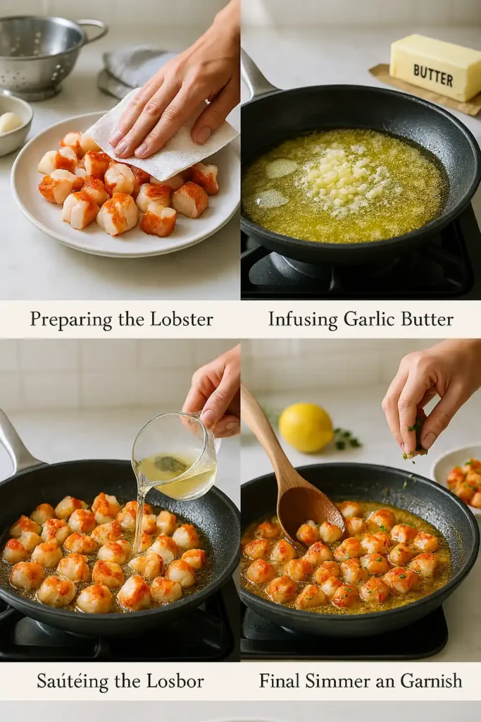 Chef preparing step by step Lobster Bites in Aromatic Garlic Butter Sauce
