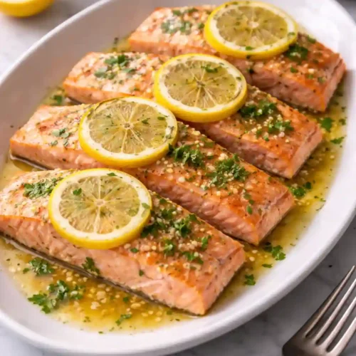 Baked salmon recipe on a white platter with roasted lemon slices and parsley