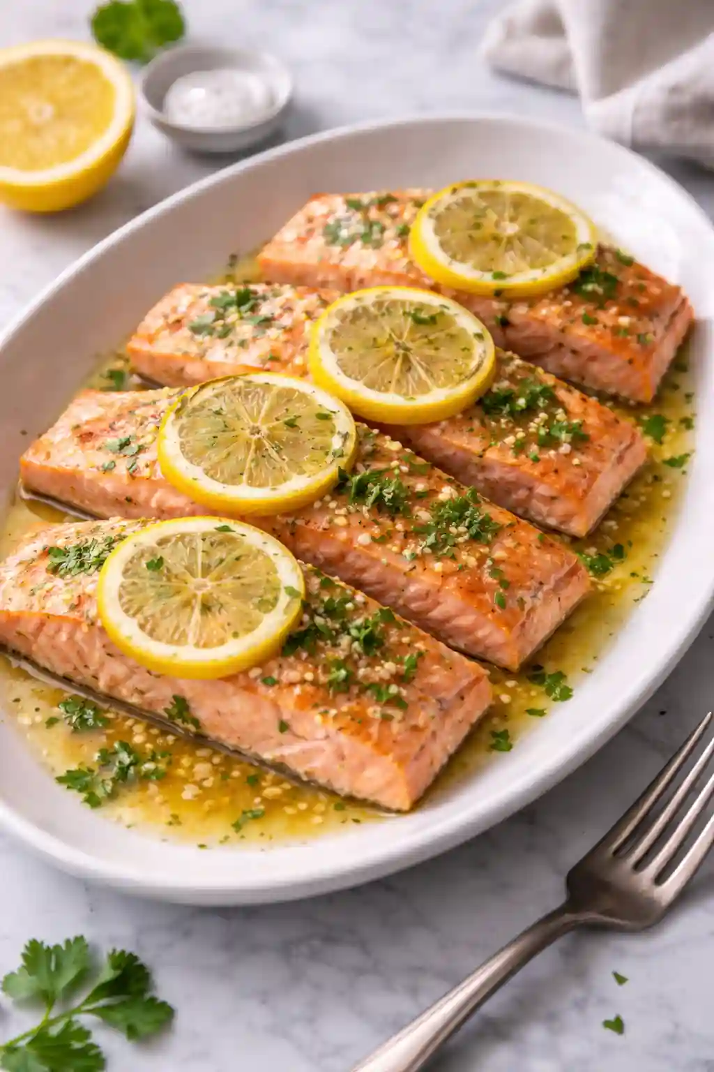 Juicy baked salmon with lemon, garlic, and parsley