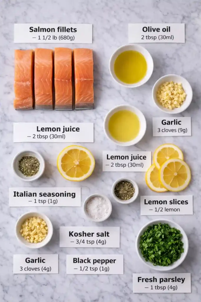 Baked salmon recipe ingredients measured on white Carrara marble with labels
