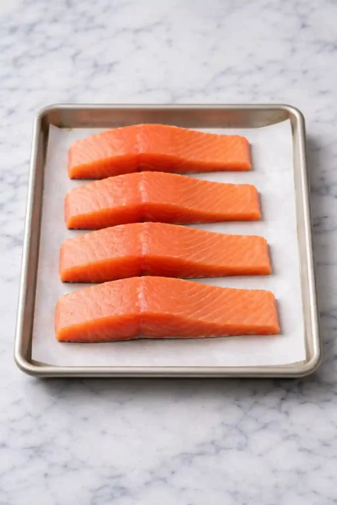 Baked salmon recipe step 1 with raw salmon fillets patted dry on a sheet pan