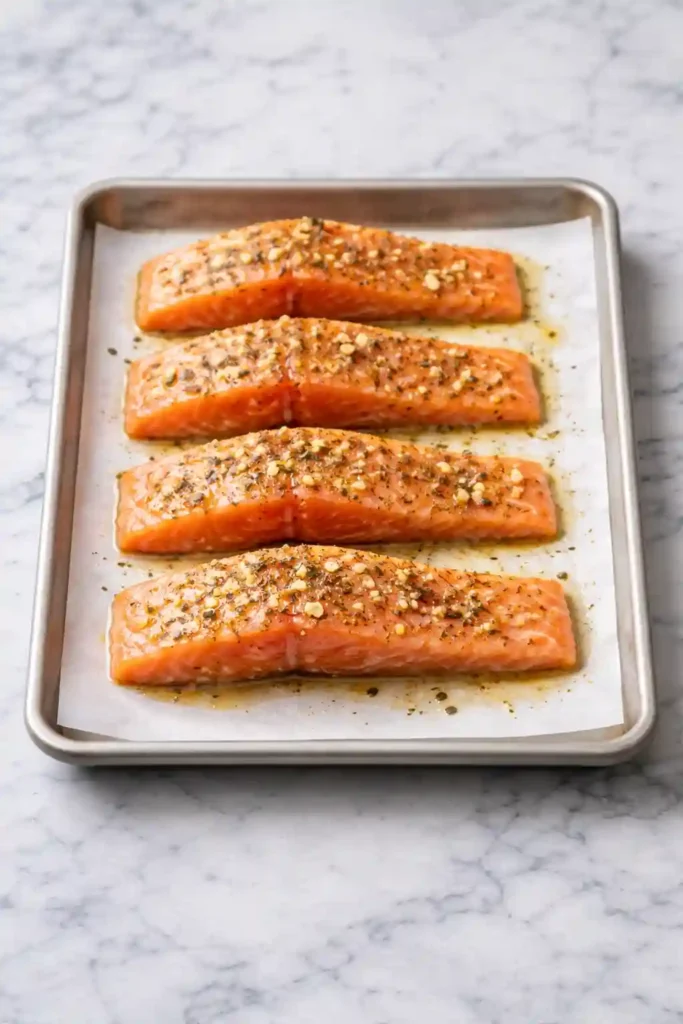 Baked salmon recipe step 2 with lemon-garlic oil brushed over raw salmon