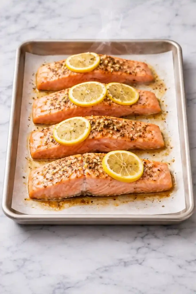 Baked salmon recipe step 3 with thin lemon slices laid over seasoned fillets