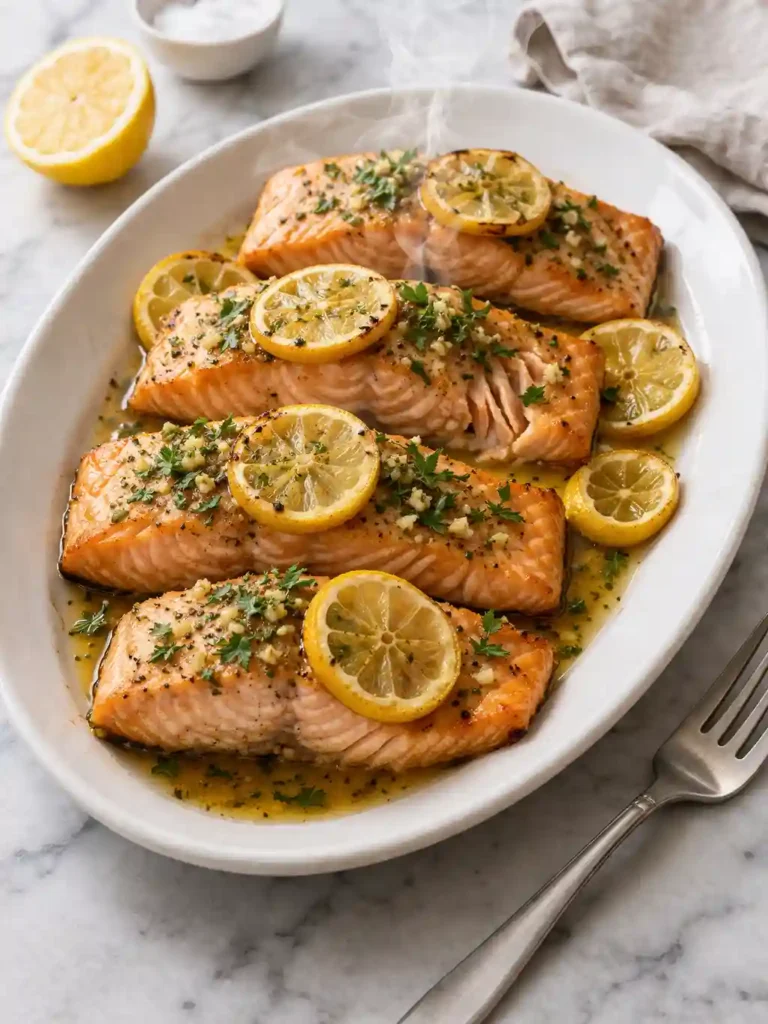 Baked salmon recipe finished on a platter with parsley and roasted lemon