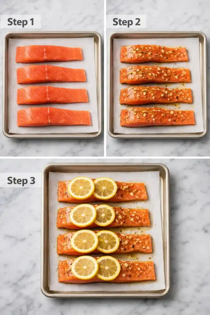 Baked salmon recipe steps 1 to 3 with salmon dried, seasoned, and topped with lemon
