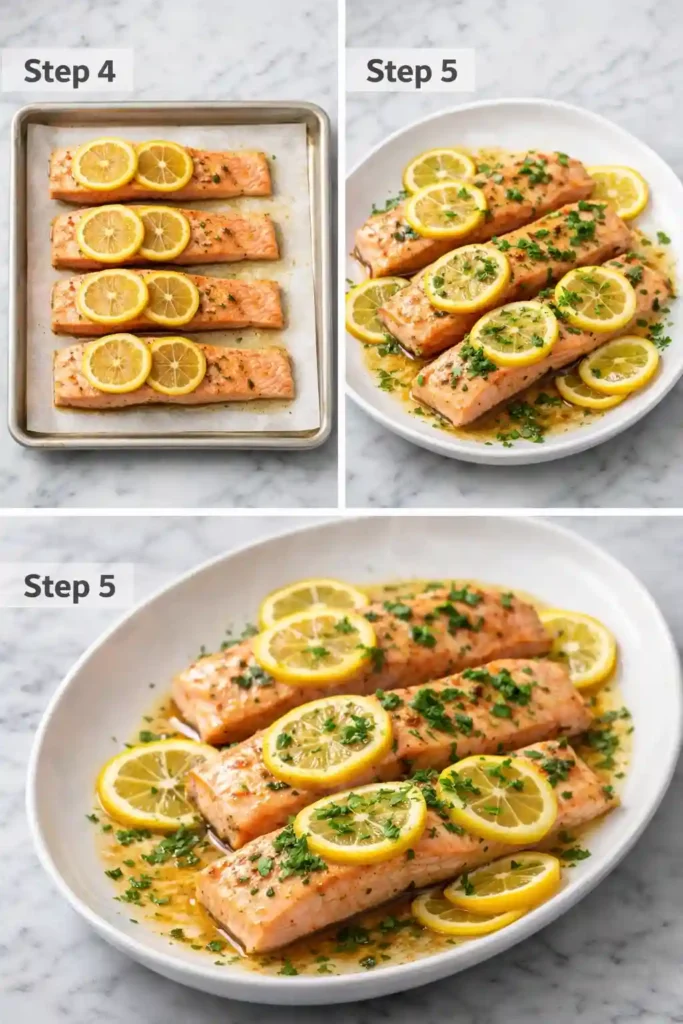 Baked salmon recipe steps 4 to 5 with fish baked and finished with parsley