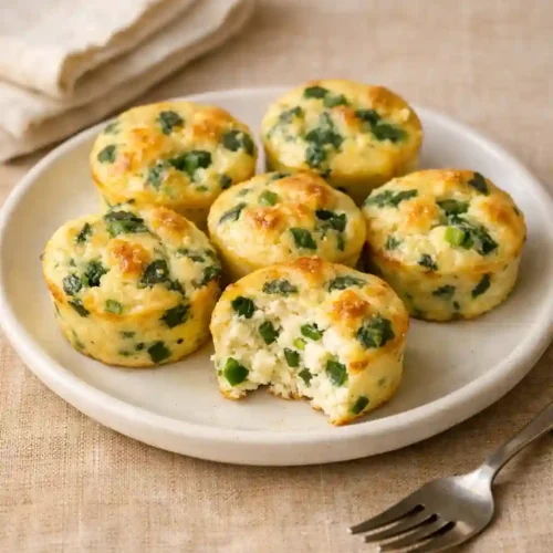 Creamy cottage cheese egg bites with cheddar, spinach, and green onion on a warm linen backdrop