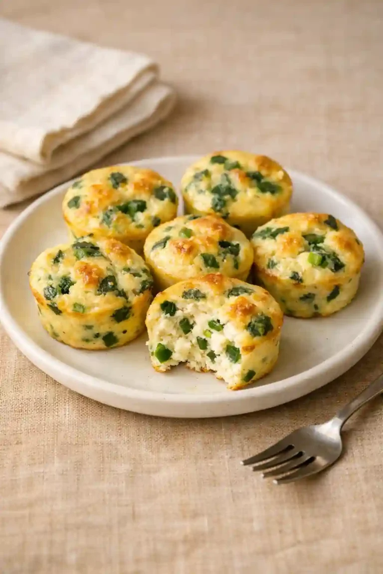 Creamy cottage cheese egg bites with cheddar, spinach, and green onion on a warm linen backdrop
