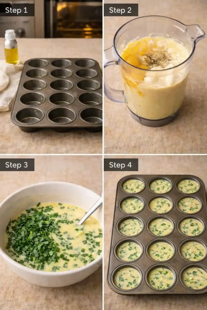 Cottage cheese egg bites steps 1 to 4: prep pan, blend eggs, stir spinach, fill muffin tin