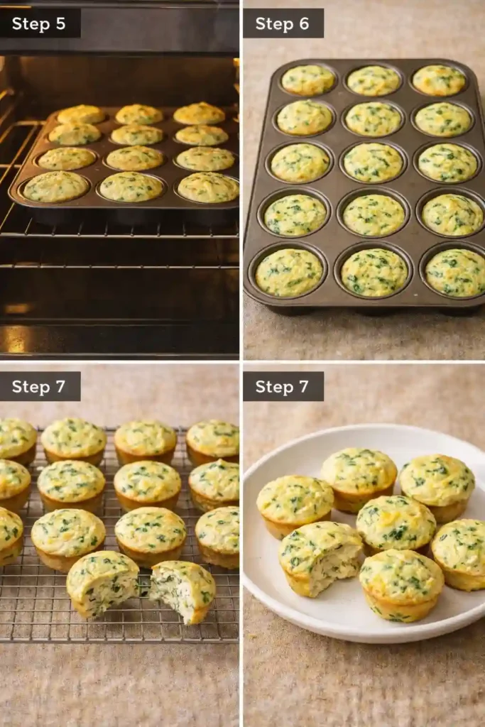 Cottage cheese egg bites steps 5 to 7: bake, cool in pan, and serve warm or store