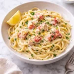 Creamy lobster pasta with tender lobster, Parmesan, lemon zest, and herbs in a white bowl Caption: Silky lobster pasta with lemon, Parmesan, and tender sweet lobster