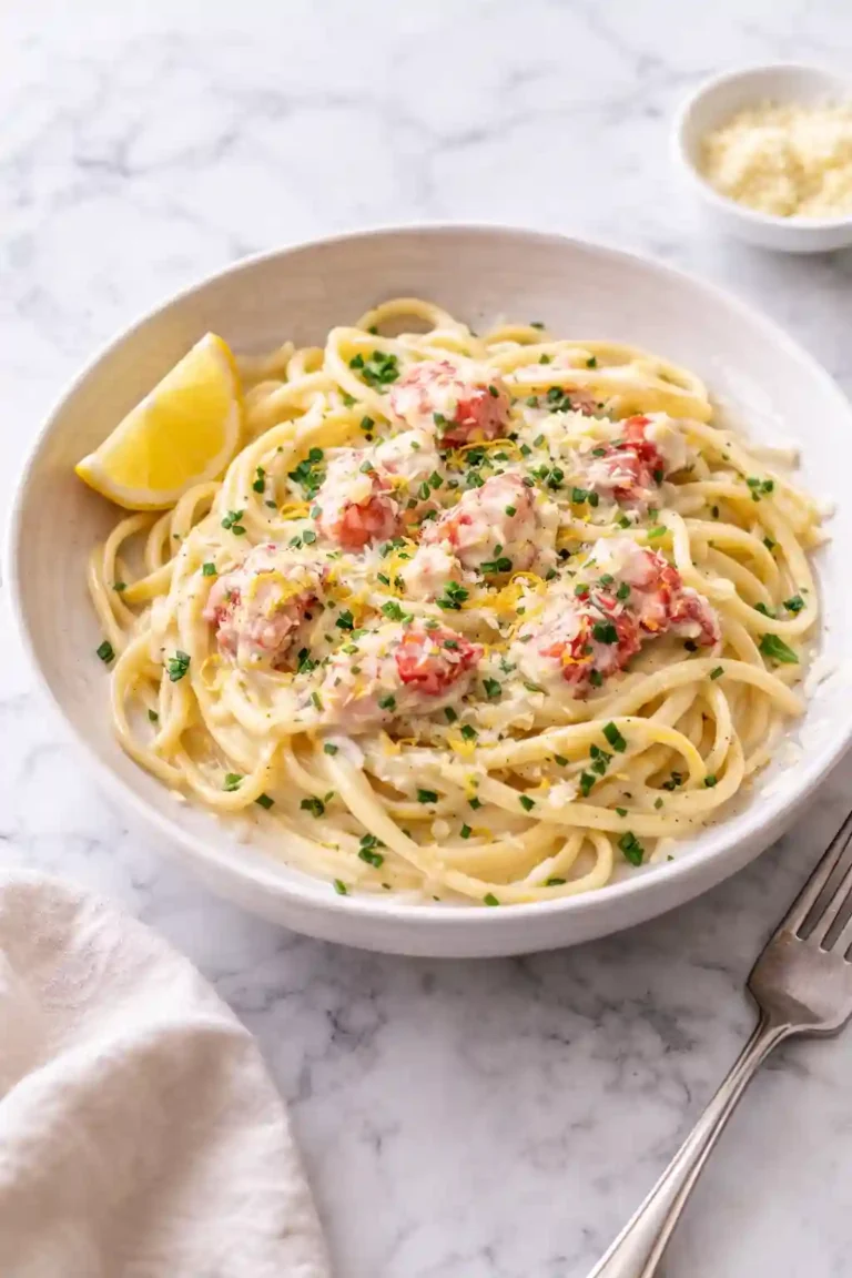 Creamy lobster pasta with tender lobster, Parmesan, lemon zest, and herbs in a white bowl Caption: Silky lobster pasta with lemon, Parmesan, and tender sweet lobster