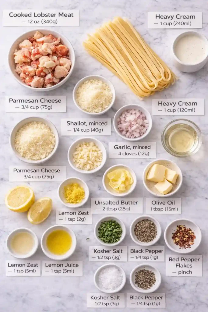 Labeled ingredients for creamy lobster pasta including lobster, linguine, cream, wine, Parmesan, and garlic