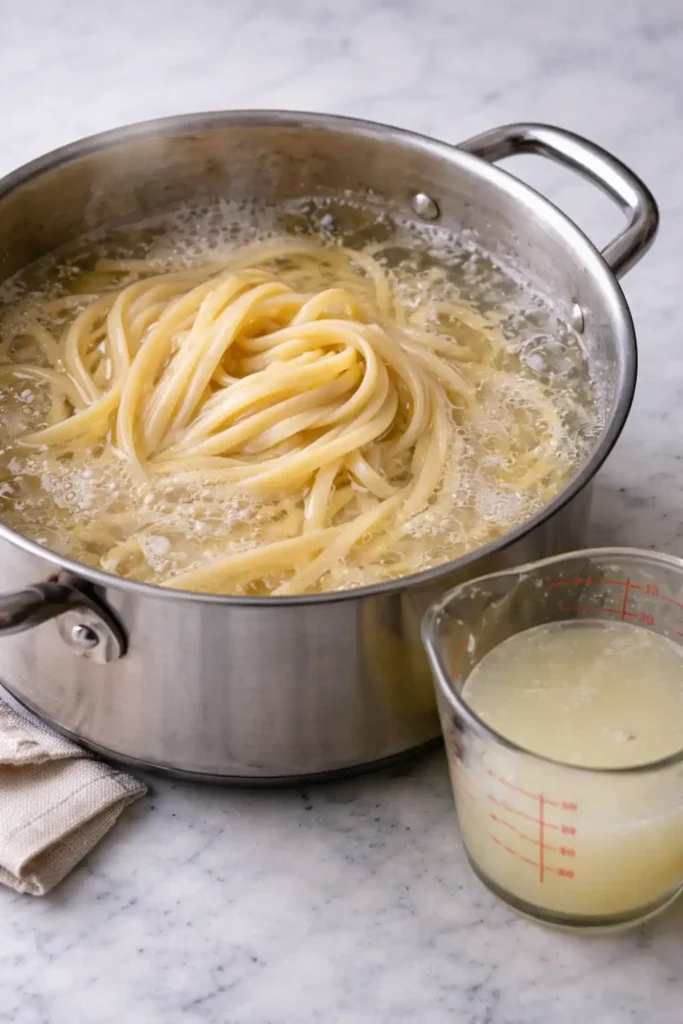 creamy lobster pasta step 1 linguine boiling with reserved pasta water nearby