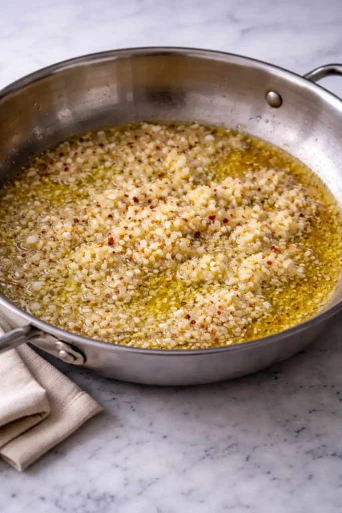 creamy lobster pasta step 2 shallot garlic and red pepper flakes cooking in butter and olive oil