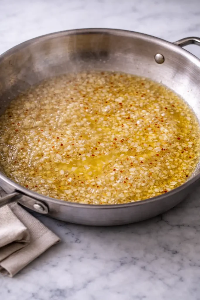 creamy lobster pasta step 3 white wine simmering down in skillet with softened shallot and garlic