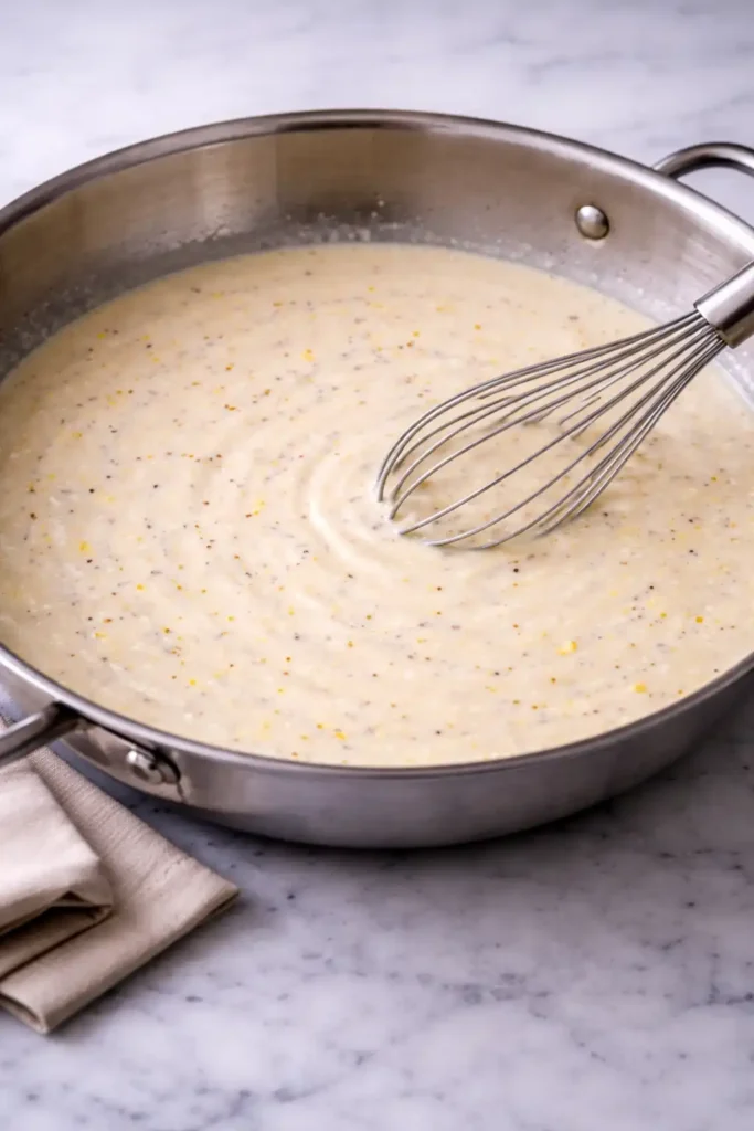 creamy lobster pasta step 4 heavy cream and Parmesan whisked into smooth glossy sauce