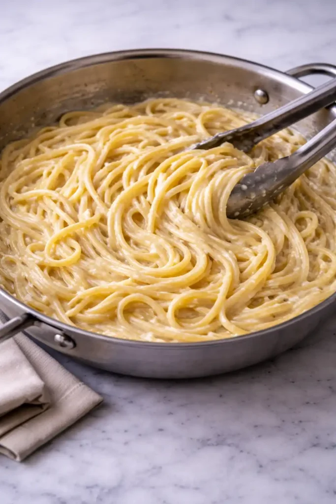 creamy lobster pasta step 5 linguine tossed in sauce with pasta water added for silky texture