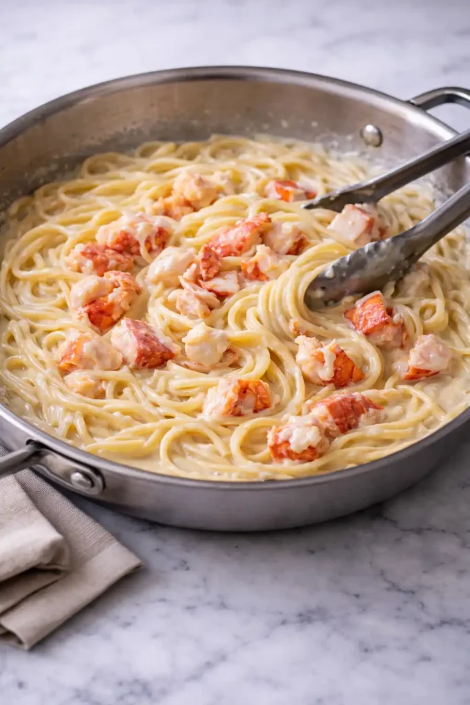 creamy lobster pasta step 6 cooked lobster folded gently into pasta with lemon juice