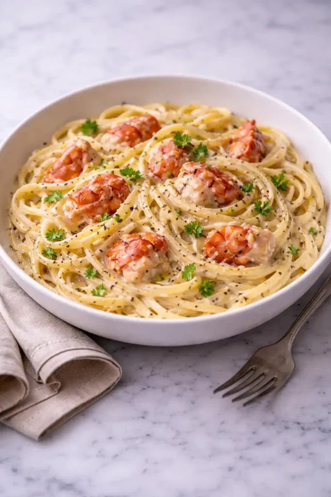 creamy lobster pasta step 7 served in warm bowl with herbs black pepper and lemon zest