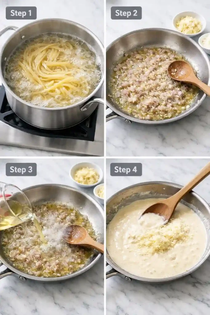 Creamy lobster pasta steps 1 to 4 showing boiling pasta, sautéing shallot, adding wine, and making sauce
