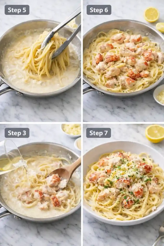 Creamy lobster pasta steps 5 to 7 showing tossing pasta, folding in lobster, and plating the finished dish
