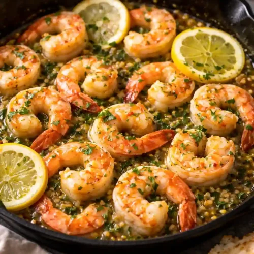 garlic butter shrimp recipe served in a skillet with lemon, parsley, and glossy butter sauce