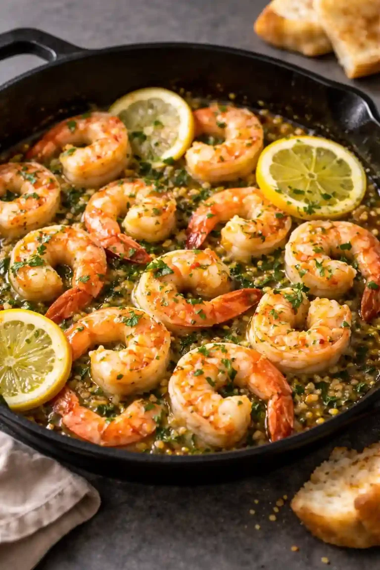 garlic butter shrimp recipe served in a skillet with lemon, parsley, and glossy butter sauce