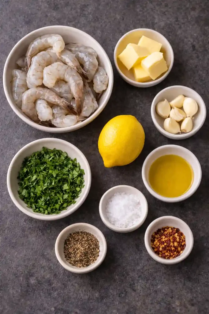 garlic butter shrimp recipe ingredients including shrimp, butter, garlic, lemon, parsley, olive oil, and seasoning