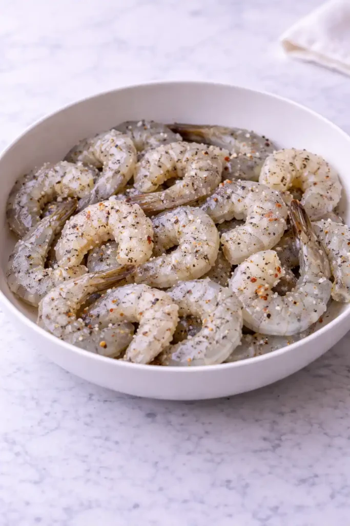 garlic butter shrimp recipe step 1 raw shrimp seasoned with salt pepper and red pepper flakes
