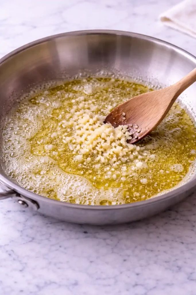 garlic butter shrimp recipe step 2 butter olive oil and garlic melting together in skillet