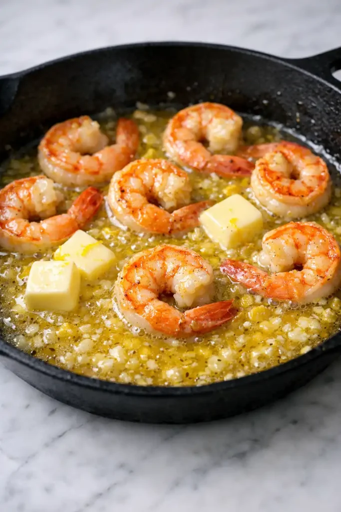 garlic butter shrimp recipe step 5 lemon juice zest and butter melting into silky skillet sauce