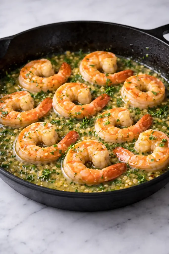 garlic butter shrimp recipe step 6 parsley stirred into glossy lemon butter shrimp