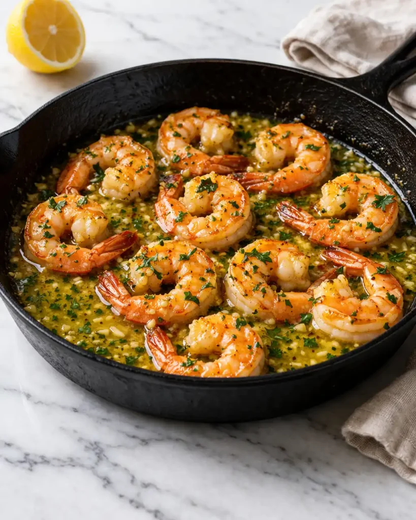 garlic butter shrimp recipe step 7 served hot in skillet with glossy sauce and parsley