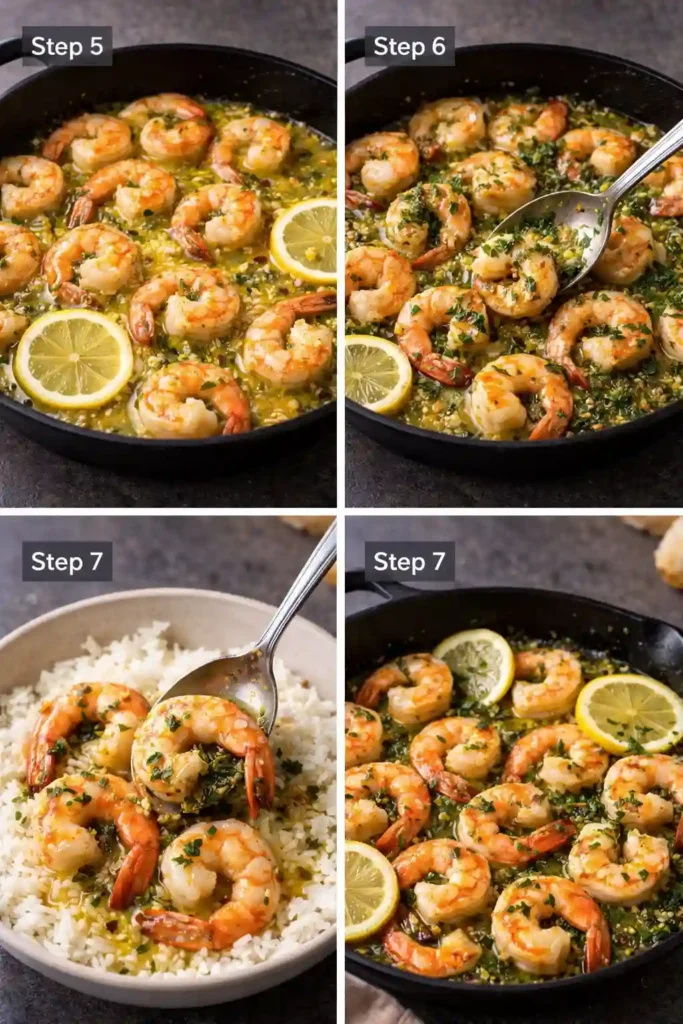 garlic butter shrimp recipe steps 5 to 7 adding lemon butter sauce, finishing with parsley, and serving