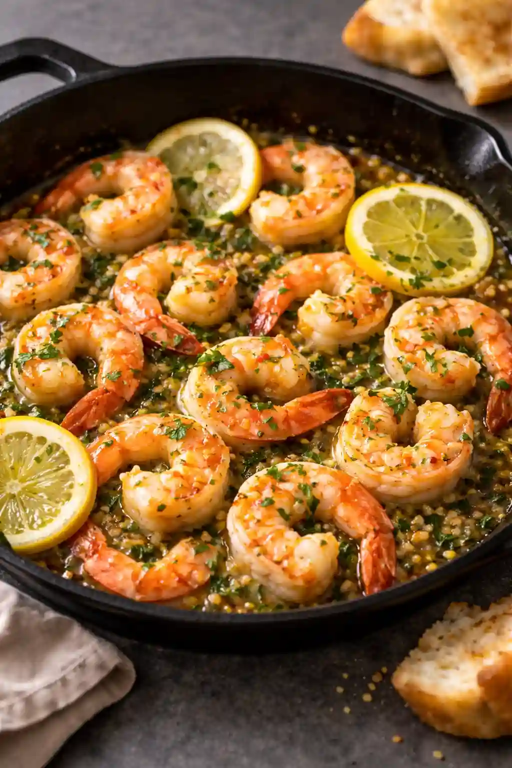 Garlic butter shrimp recipe served in a skillet with lemon, parsley, and glossy butter sauce