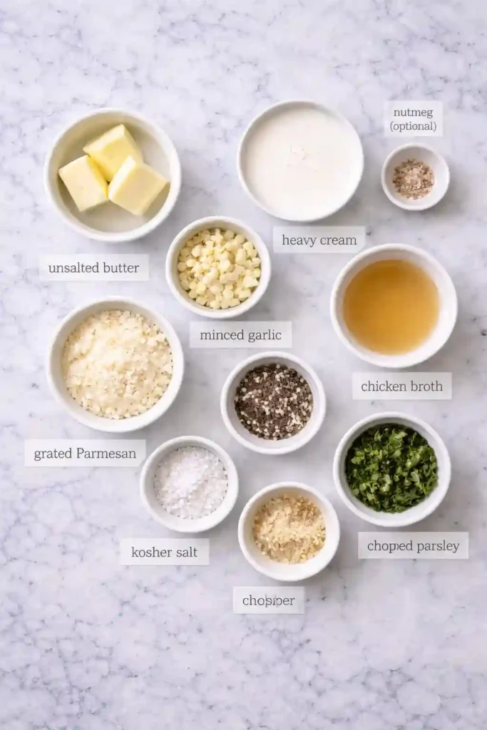 Ingredients for garlic cream sauce including butter, garlic, cream, broth, Parmesan, parsley, salt, and pepper