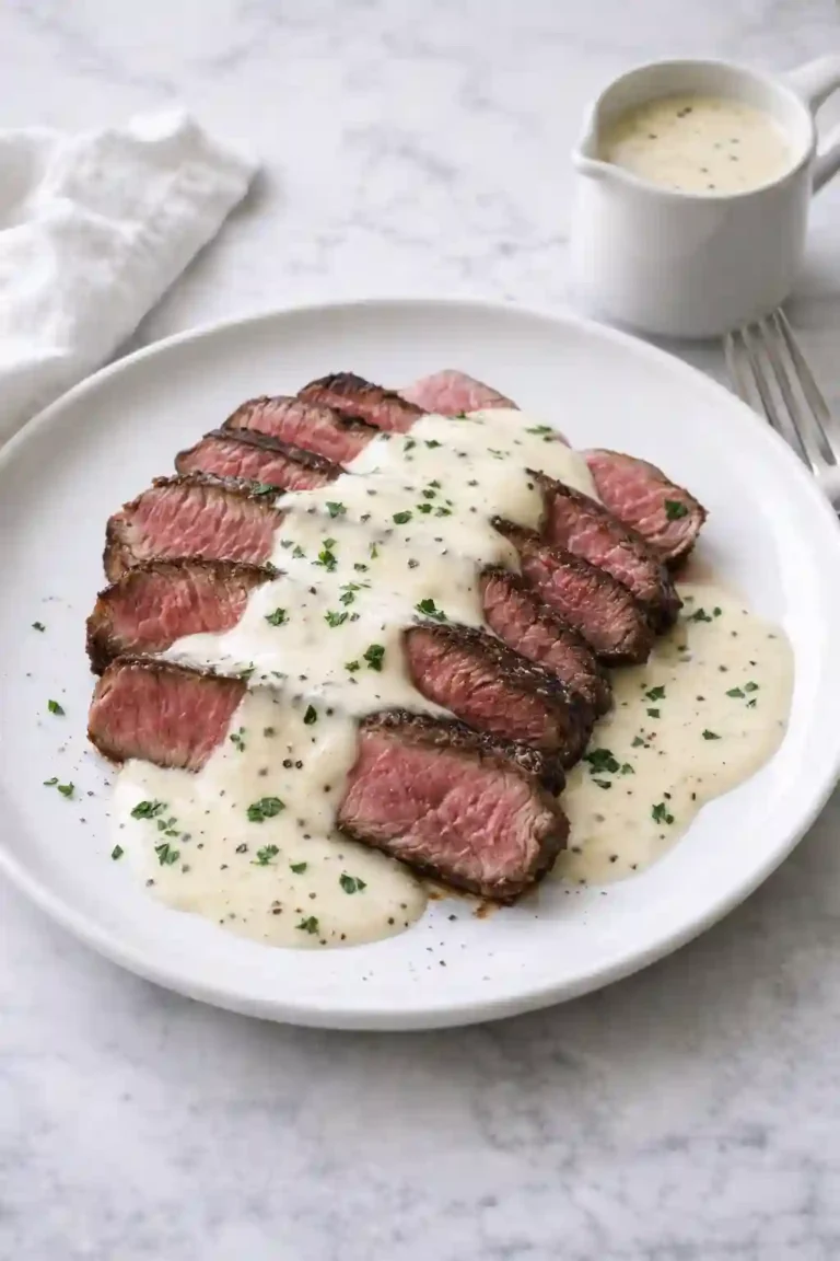 Garlic cream sauce spooned over sliced steak on a white plate with parsley and black pepper